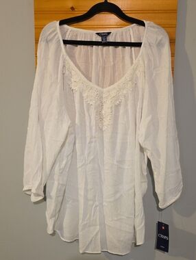 Chaps Denim Ivory Crochet Trim Long Sleeve Peasant Tunic Top Size XL Boho